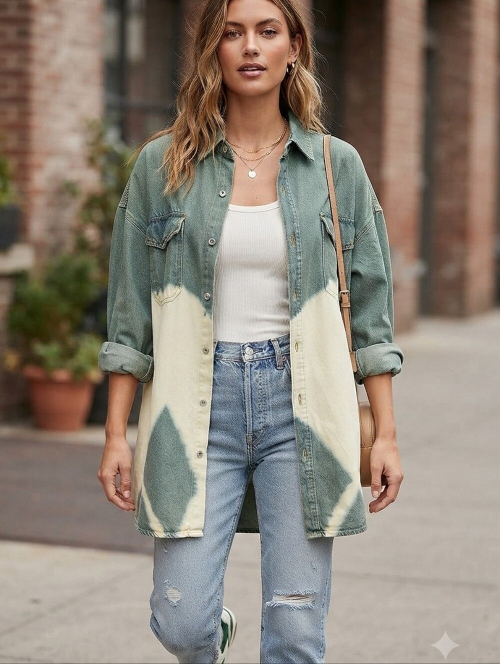 Papermoon Olive Bleached Button Down denim shirt Sz M